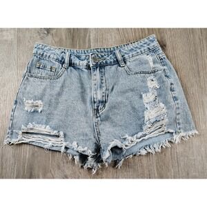 Shorty Shorts Denim 2in Inseam Distressed Raw Hem Blue Jean Medium Womens